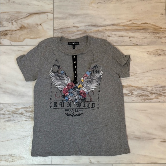 Derek Heart “Forever Fearless” Grey Cutout Tee – Women’s Large - Picture 1 of 7
